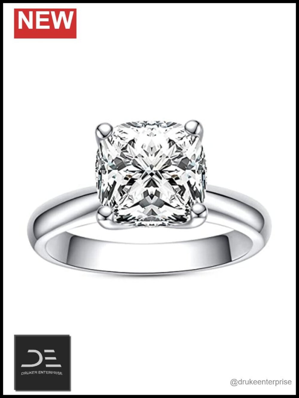3.5ct Moissanite Engagement Ring, 925 Sterling Silver Gold Plated, Cushion Cut